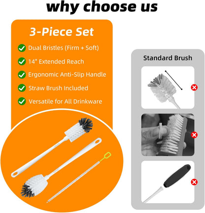 2 Pack 14 Inch Bottle Brush & 12 Inch Straw Brush Cleaner Set - Heavy Duty Kitchen Bottle Brushes for Cleaning Water Bottles, Mugs, Sippy Cups & Tumblers, Lab Use (Large)