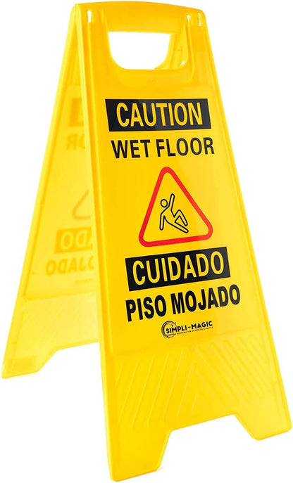 Simpli-Magic Side Press Wringer Combo Commercial Mop Bucket on Wheels, 35 Quart,Yellow, Including Wet Floor Caution Sign and Set, Polyethylene