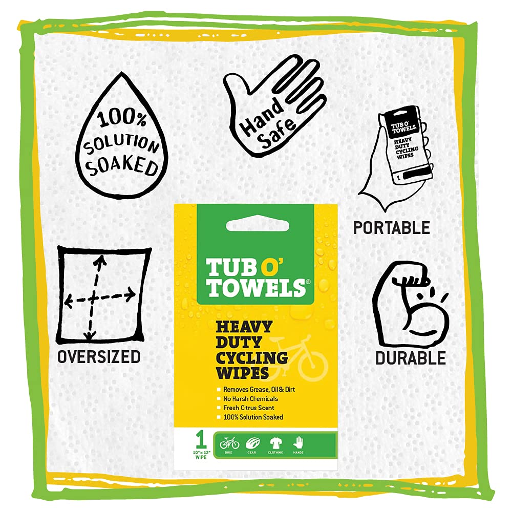 Tub O' Towels Heavy Duty Cycling Wipes, Individually Wrapped Cleaning Wipes for Biking and Cycling, 12-Pack