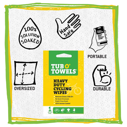 Tub O' Towels Heavy Duty Cycling Wipes, Individually Wrapped Cleaning Wipes for Biking and Cycling, 12-Pack