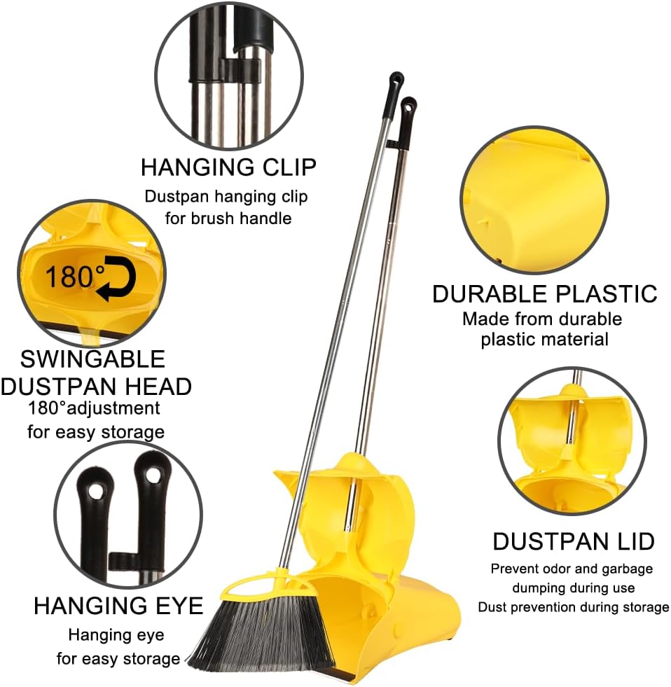Heavy Duty Outdoor Broom and Dustpan Set - 145CM Extra Long Handle, Stiff Bristles for Tough Debris, Angled Broom Head - Ideal for Garage, Patio, Garden Kitchen House Floor Cleaning