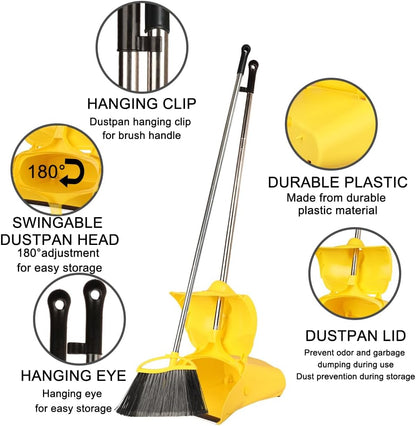 Heavy Duty Outdoor Broom and Dustpan Set - 145CM Extra Long Handle, Stiff Bristles for Tough Debris, Angled Broom Head - Ideal for Garage, Patio, Garden Kitchen House Floor Cleaning