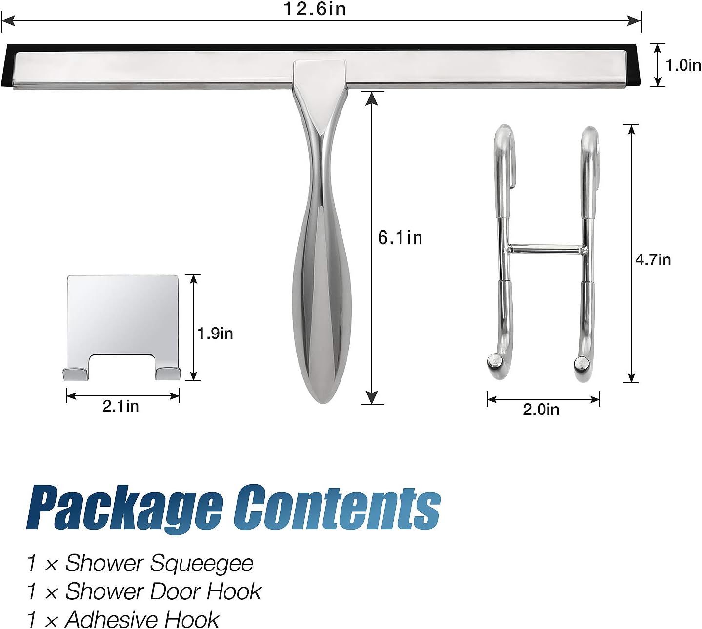 Simtive 12-Inch Shower Squeegee Set, Includes Shower Door Hook and Adhesive Hook, Squeegee for Shower Doors, Mirror and Window, Silver