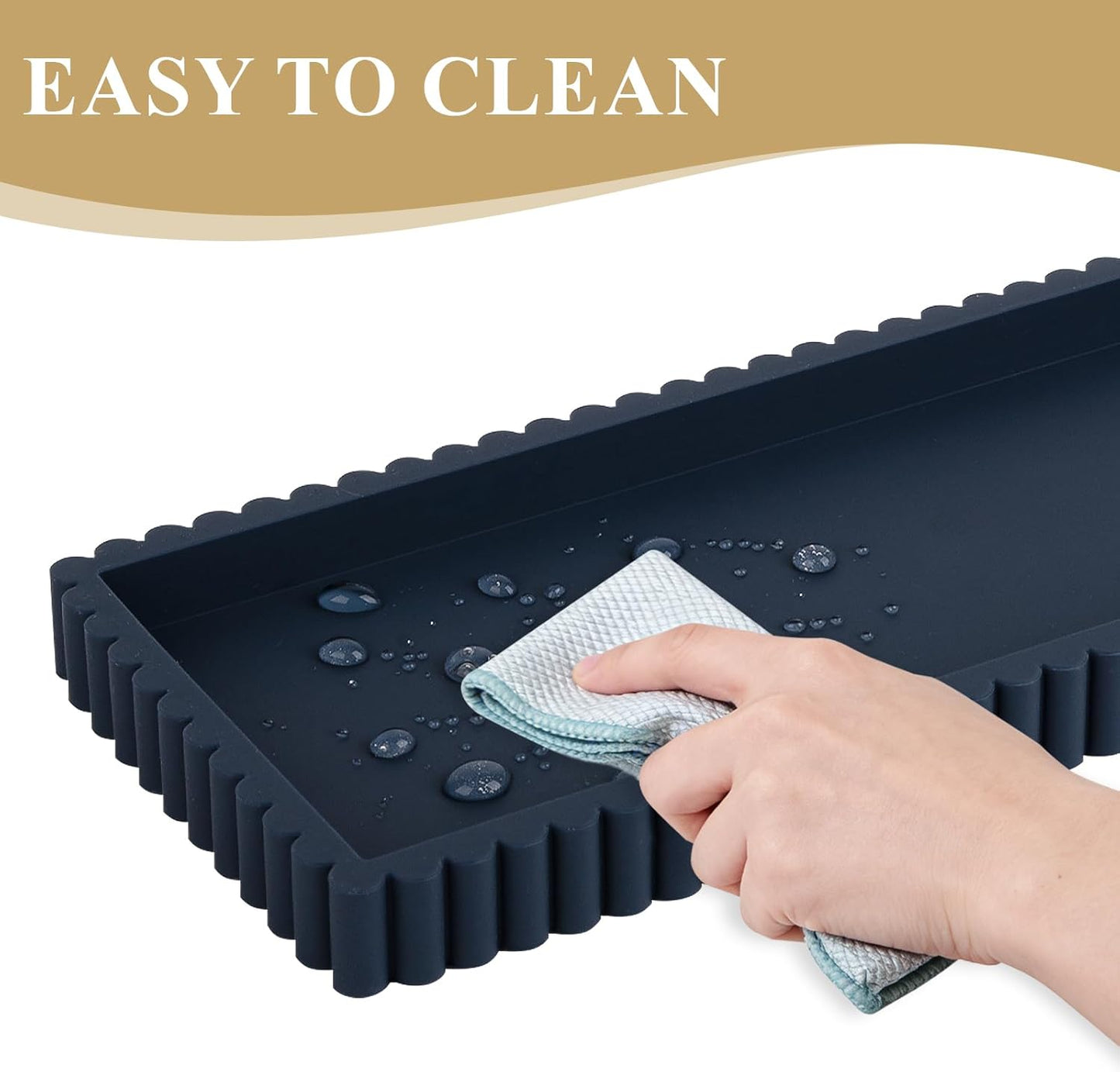Silicone Bathroom Tray Small Vanity Organizer Rectangle Sink Caddy Sponge Holder Kitchen Counter Decor for Dish Soap, Perfume, Candle, Beige