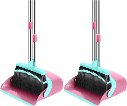 NACENA Broom and Dustpan Set, 52-in Long Adjustable Handle Broom Dustpan Combo with Dustpan Teeth to Automatically Clean Hair Suitable for Home Kitchen Office Hall Floor（Black&Red）