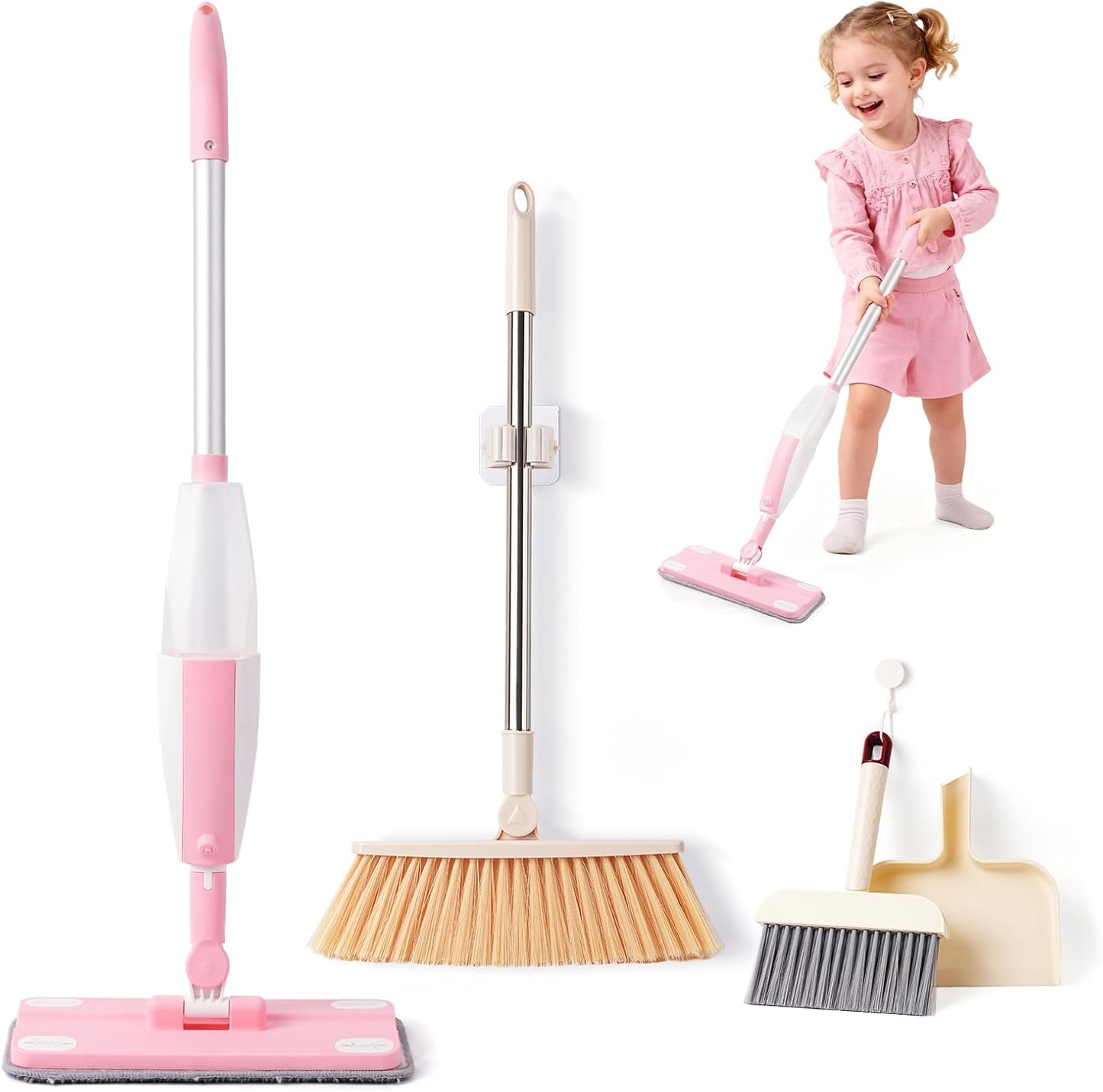 Hilsoeet Kids Spray Mop Pink, Real Working Water-Spraying Toy, Montessori Mini Mop with 2 Microfiber Washable Pads, Toddler Cleaning Set for Floor, Christmas Birthday Gifts for Age 3 4 5 6 7 8