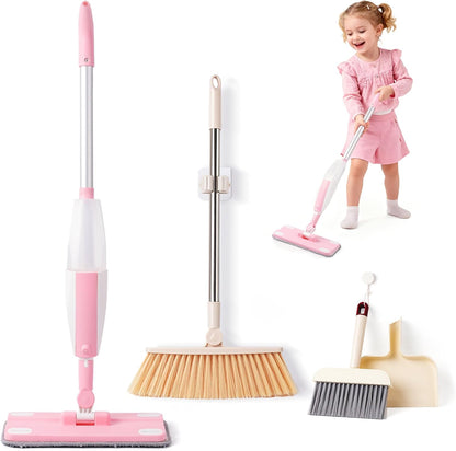 Hilsoeet Kids Spray Mop Pink, Real Working Water-Spraying Toy, Montessori Mini Mop with 2 Microfiber Washable Pads, Toddler Cleaning Set for Floor, Christmas Birthday Gifts for Age 3 4 5 6 7 8