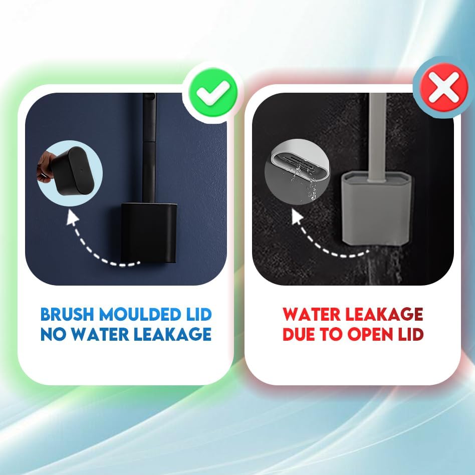 Modern Minimalist Silicone Black Toilet Brush with Holder - Pack of 2 Toilet Bowl Brush Set - Self-Cleaning & Splash-Free, Easy-Rinse Design with Wall Mounted Holder Bathroom Accessory.