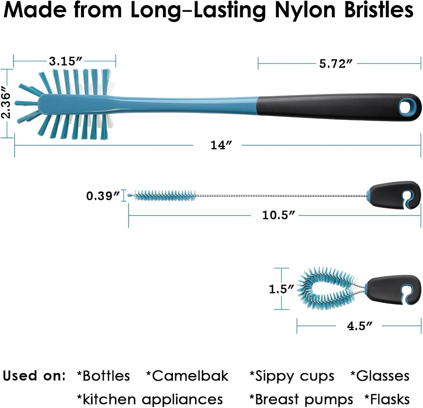 MOSOLAN 3-in-1 Water Bottle Cleaning Brush Set - Long Handle Scrubbing Brush for Tumbler, Straw, Baby Bottles, Drinking Glasses, White