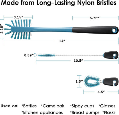 MOSOLAN 3-in-1 Water Bottle Cleaning Brush Set - Long Handle Scrubbing Brush for Tumbler, Straw, Baby Bottles, Drinking Glasses, White