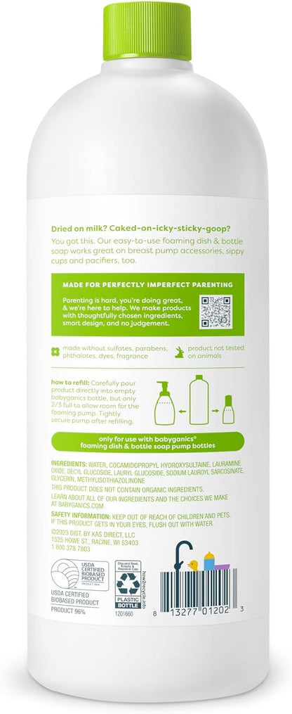 Babyganics Foaming Dish & Bottle Soap, Fragrance Free, Removes Dried Milk, 32 Fl Oz (Pack of 2), Packaging May Vary
