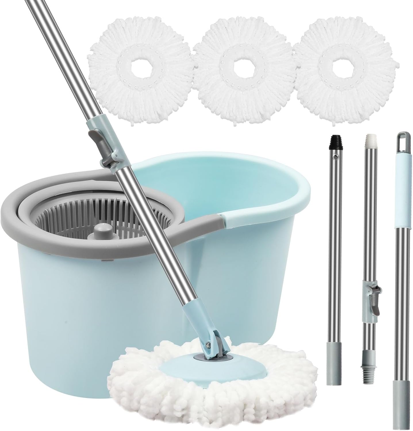 Spin Mop and Bucket with Wringer Set, Operable 360° Rotating Mop Bucket Set with 3 Microfiber Replacement Head, Stainless Steel Extended Handle for Floor Cleaning Home Office（Blue）