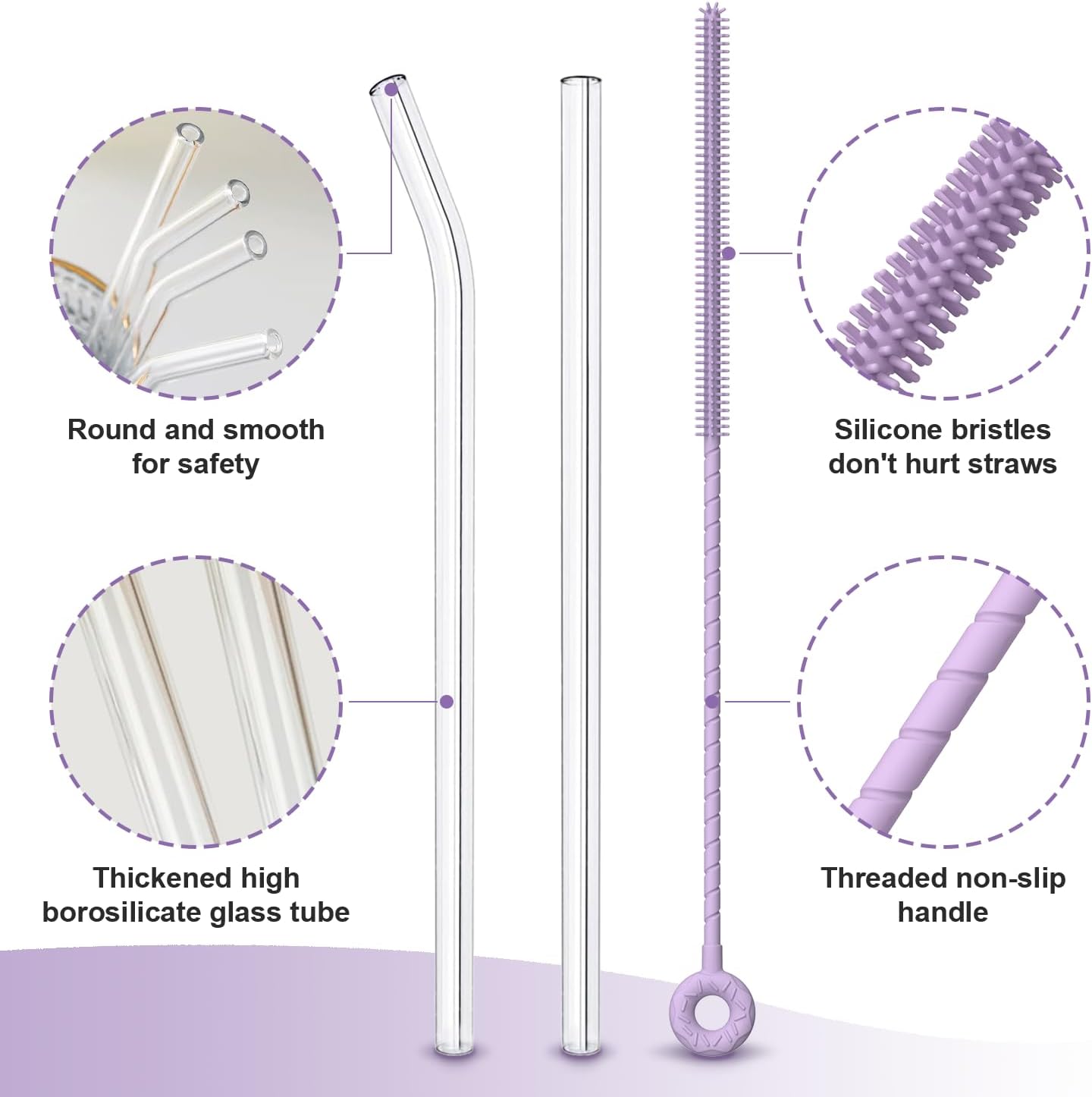 YOTIME 6-Pack Reusable Glass Straws Set, 8.5''x10MM, Set of 3 Straight and 3 Bent with 1 Silicone Cleaning Brush, Perfect for Smoothies, Juice, Milkshake and Coffee (Clear Straws, Pink Brush)