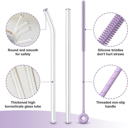 YOTIME 6-Pack Reusable Glass Straws Set, 8.5''x10MM, Set of 3 Straight and 3 Bent with 1 Silicone Cleaning Brush, Perfect for Smoothies, Juice, Milkshake and Coffee (Clear Straws, Pink Brush)