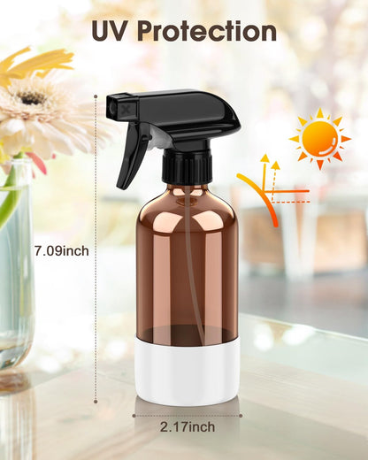 Bontip Glass Spray Bottle with Silicone Sleeve Protection, Amber Glass Spray Bottle Set for Window Cleaner Aromatherapy Facial Hydration Watering Flowers Hair Care 2 Pack/16 oz (Black & Brown)