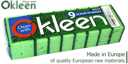 Green Multi Use Scrub Sponge. Made in Europe. 9 Pack, 4.3x2.8x1.4 inches. Odorless Heavy Duty and Non Scratch Fiber. Best, Durable, Delicate, Porous, Non Cellulose Kitchen Sponges and Scrubbers