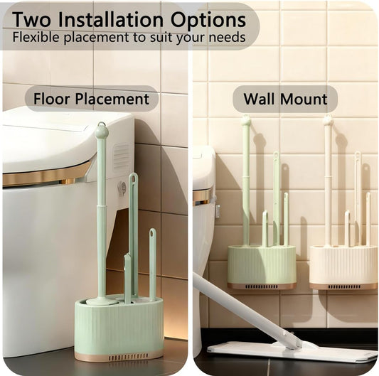 4 in 1 Toilet Cleaner Brush Toilet Bowl Brush and Holder Set Silicone Toilet Brush，Stuff Floor Standing or Wall Mounted Toilet Scrubber Without Drilling (Light Green)