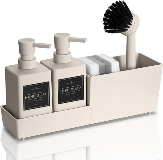 Kitchen Soap Dispenser Set with Sponge Holder and Brush for Sink Rack Hand Soap and Dish Soap Dispensers Black 4-in-1
