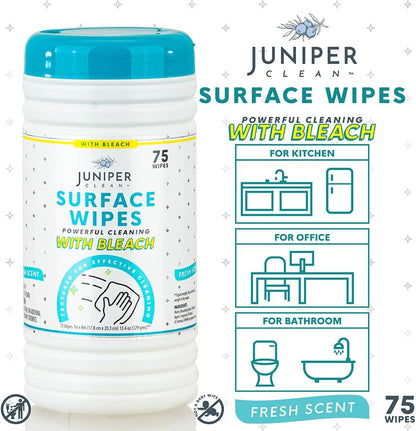 Juniper CLEAN 3 Pack Surface Cleaning Wipes with Bleach, All-Purpose Cleaner for Bathroom, Kitchen, Office, 216 Count Soft Flow, Fresh Scent, Lint Free & Durable