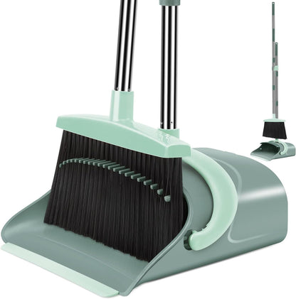 Ivandar Broom and Dustpan Set for Home, Broom and Dustpan Combo for Office, Long Handle Broom with Upright Standing Dust pan,Indoor&Outdoor Sweeping (Gray&Orange)