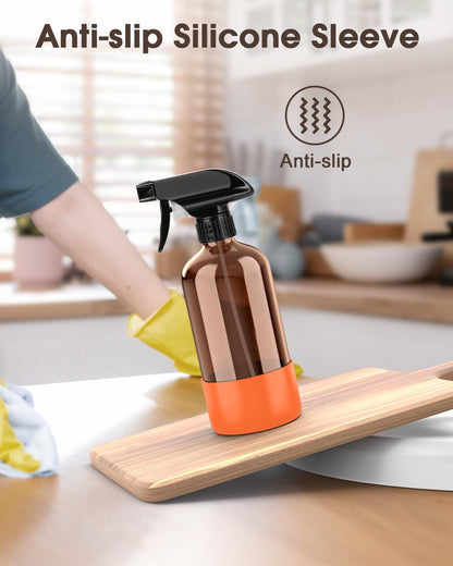 Bontip Glass Spray Bottle with Silicone Sleeve Protection, Amber Glass Spray Bottle Set for Window Cleaner Aromatherapy Facial Hydration Watering Flowers Hair Care 2 Pack/16 oz (Black & Brown)