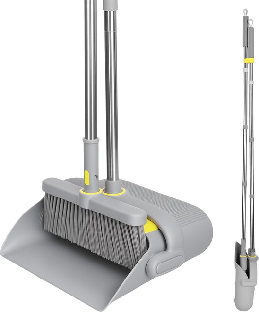 Upgrade Broom and Dustpan Set 180° Rotatable Head with 61" Extra Long Adjustable Handle Self-Cleaning Dustpan Teeth&Zero Gap Indoor Outdoor Sweeping for Home Kitchen Office Pet Hair-Gray&Yellow
