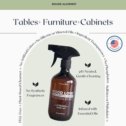Wood Love® – Wood Furniture Cleaner Spray – Daily Wood Cleaner for Tables, Cabinets & Home Surfaces – 99% Plant-Based, Safe for All Finished Wood – Gentle Light Conditioning – 16oz, Made in USA