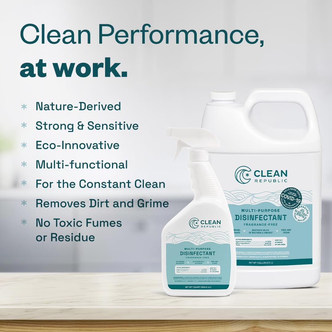 Clean Republic Multi-Purpose Disinfectant, Hypochlorous Acid Cleaning Spray, 32 Fluid Ounce Bottle, 2-Pack