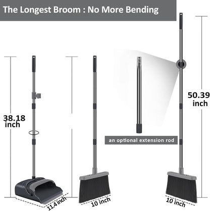 Upgrade Broom and Dustpan Set, Self-Cleaning with Dustpan Teeth, Indoor&Outdoor Sweeping, Ideal for Dog Cat Pets Home Use, Stand Up Broom and Dustpan (Gray&Orange)