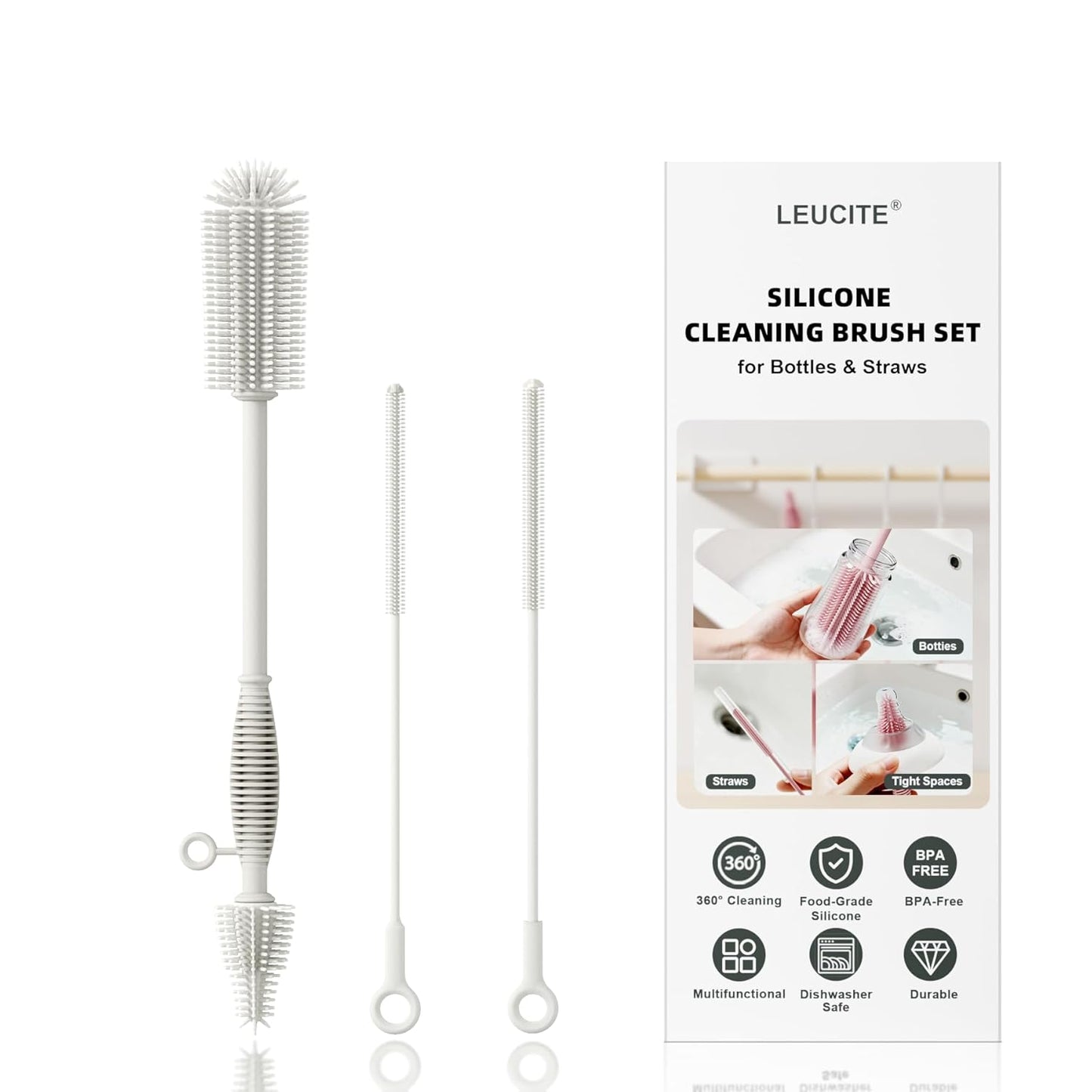 Reusable Silicone Straw Cleaner Brush Set, 2-Pack Extra Long Straw Cleaning Brush for Metal Glass Water Bottle Drinking Straws, Flexible&Bendable Design, Dishwasher Safe, 6mm & 8mm Diameter