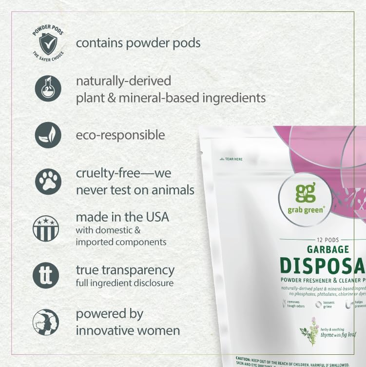 Grab Green Naturally-Derived, Tangerine with Lemongrass, 12 Pods (4-Pack), Mineral-Based Garbage Disposal Cleaner & Freshener