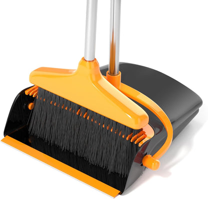 Broom with Dustpan Combo Set 54” Long Handle Household Dust Pan for Home Office Kitchen Cleaning （Black & Grey）
