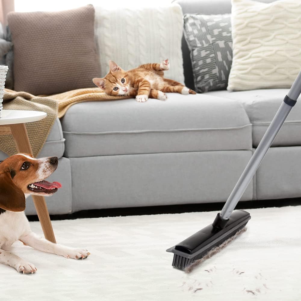 LandHope Carpet Rake for Pet Hair Remover Long Handle with Squeegee, Rubber Broom Carpet Brush Non Scratch Bristles Fur Remover Indoor Outdoor Push Broom for Cat Dog Hair Hardwood Tile Windows Clean