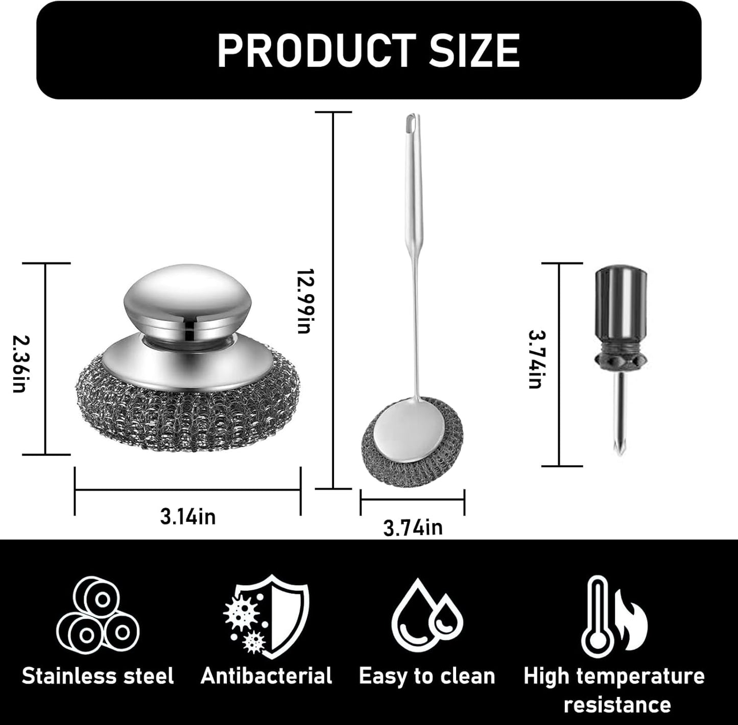Stainless Steel Wool Metal Wire Scrubber Sponge Scouring Pads Brush Set with Handle for Cleaning Dishes,Pots and Pans,Kitchen Cast Iron,Stoves, Sink,Cooking Tools,Silver(7pcs)