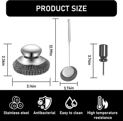 Stainless Steel Wool Metal Wire Scrubber Sponge Scouring Pads Brush Set with Handle for Cleaning Dishes,Pots and Pans,Kitchen Cast Iron,Stoves, Sink,Cooking Tools,Silver(7pcs)