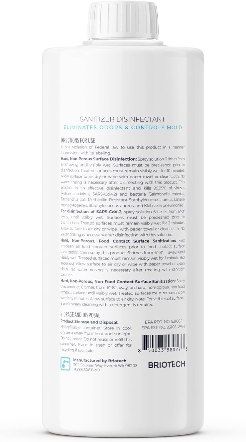 BRIOTECH Sanitizer Disinfectant Hypochlorous, Kill 99.99% of Viruses & Bacteria, Control Mold, Eliminate Odor, Gentle for Nursery & Play Rooms, Food Contact Surface Sanitizer, 1 Gallon Refill