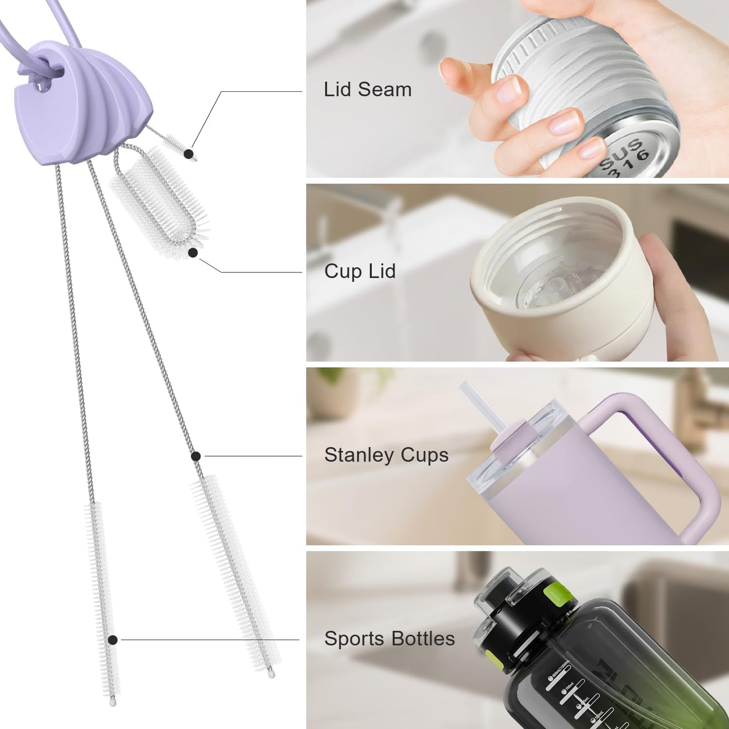 YOTIME 4in1 Straw Cleaner Brush Set, Reusable Standing Straw Brushs with Holder Ring, for Wide and Narrow Straws, Tumblers, Water Bottles and Cups, Pink