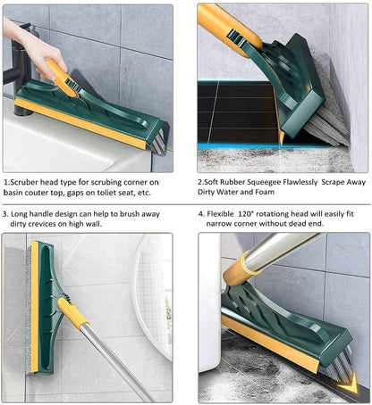 2 in 1 Cleaning Scrub Brush Grout Brush Scrapee 3 Poles 47.6'' Floor Scrub Brush with Long Handle V-Shape Stiff Bristle Brush Scrubber with Squeegee 120°Rotate Shower Cleaning Brush for Bathroom Glass