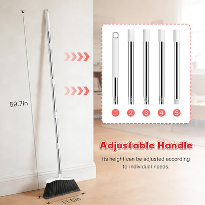 Broom and Step-on Dustpan Set, 59-in Adjustable Long Handle Broom with Dustpan Combo Set Outdoor Angle Broom for Sweeping Indoor Dust Pet Hair for Cleaning Kitchen Garage Deck Patio, Black&Red