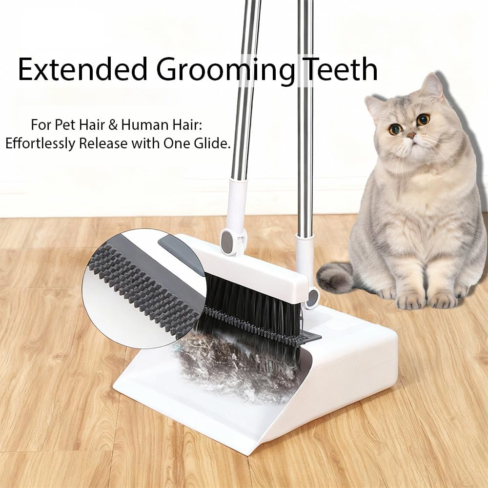 Upgrade Broom with Dustpan Combo Set，Long Handle Self-Cleaning Dust Pan and Brush Set 4-Row Dense Bristles，Indoor Broom Set (White)