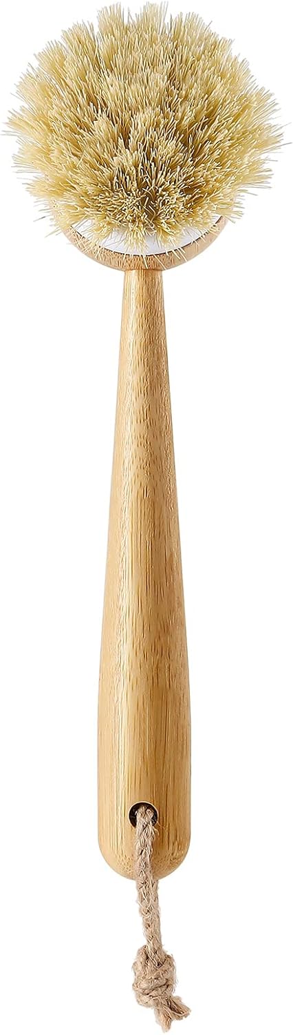 SUBEKYU Dish Brush with Handle, Natural Bamboo Dish Scrubber Brush, Kitchen Dishwashing Brush for Cleaning Dishes/Pans/Pots/Sinks, Sisal Bristles, 2P