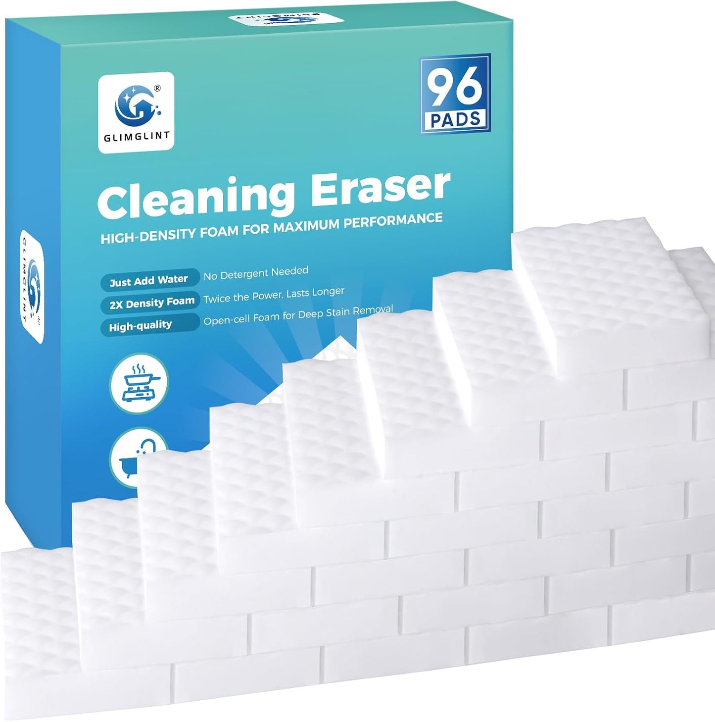 GLIMGLINT 96PK Magic Sponge Erasers, 2X Density Melamine Sponge Foam Pads, Household Cleaning Supplies Cleaner for Kitchen, Bathroom, Bathtub, Sink, Wall Cleaner, Furniture, Boat