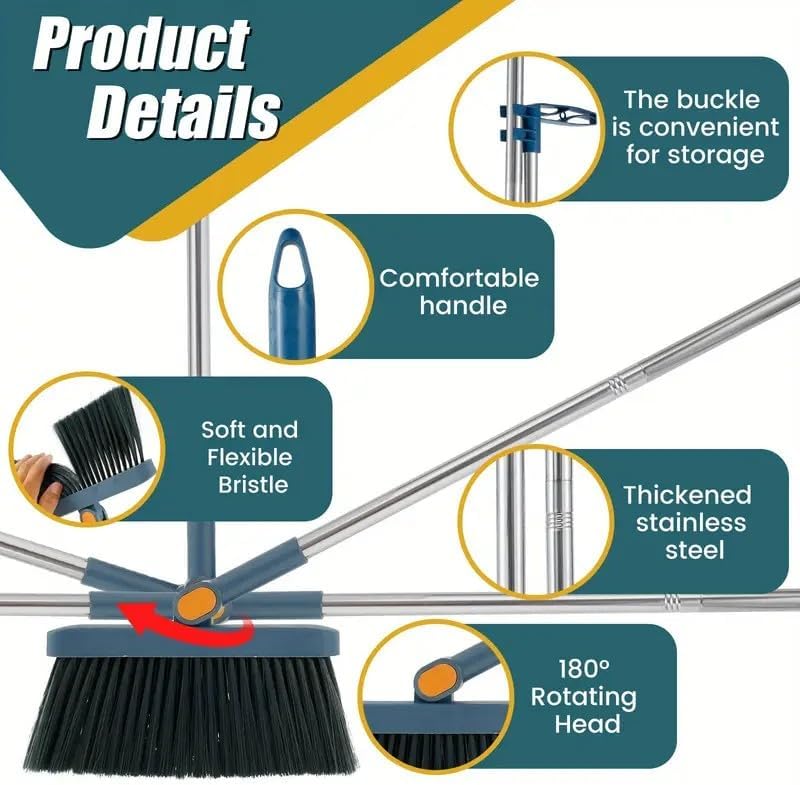 2-in-1 Broom with Dustpan Combo Set,Long Handle Broom Dustpan Combo with Dustpan Teeth to Automatically Clean Hair for Home, Indoor or Outdoor Cleaning Hall Floor (Gray)