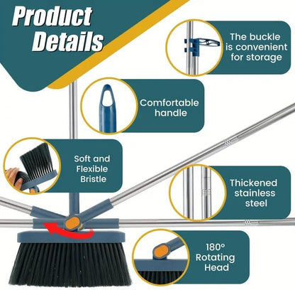 2-in-1 Broom with Dustpan Combo Set,Long Handle Broom Dustpan Combo with Dustpan Teeth to Automatically Clean Hair for Home, Indoor or Outdoor Cleaning Hall Floor (Gray)