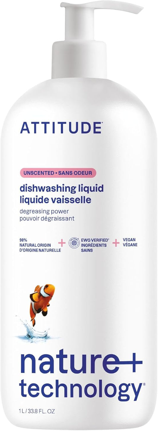 ATTITUDE Dish Soap, EWG Verified, Plant-Based & Vegan Dishwashing Liquid, Naturally Derived, Citrus Zest Scent, 33.8 Fl Oz