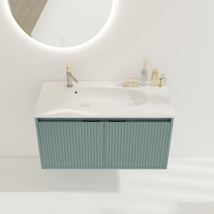 SSLine Modern 24-Inch Bathroom Vanity with Sink Wall Mounted Bathroom Vanity with Top Basin & Storage Cabinet White Wood Floating Vanity w/Ceramic Sink & Gold/Black Handles for Small Space
