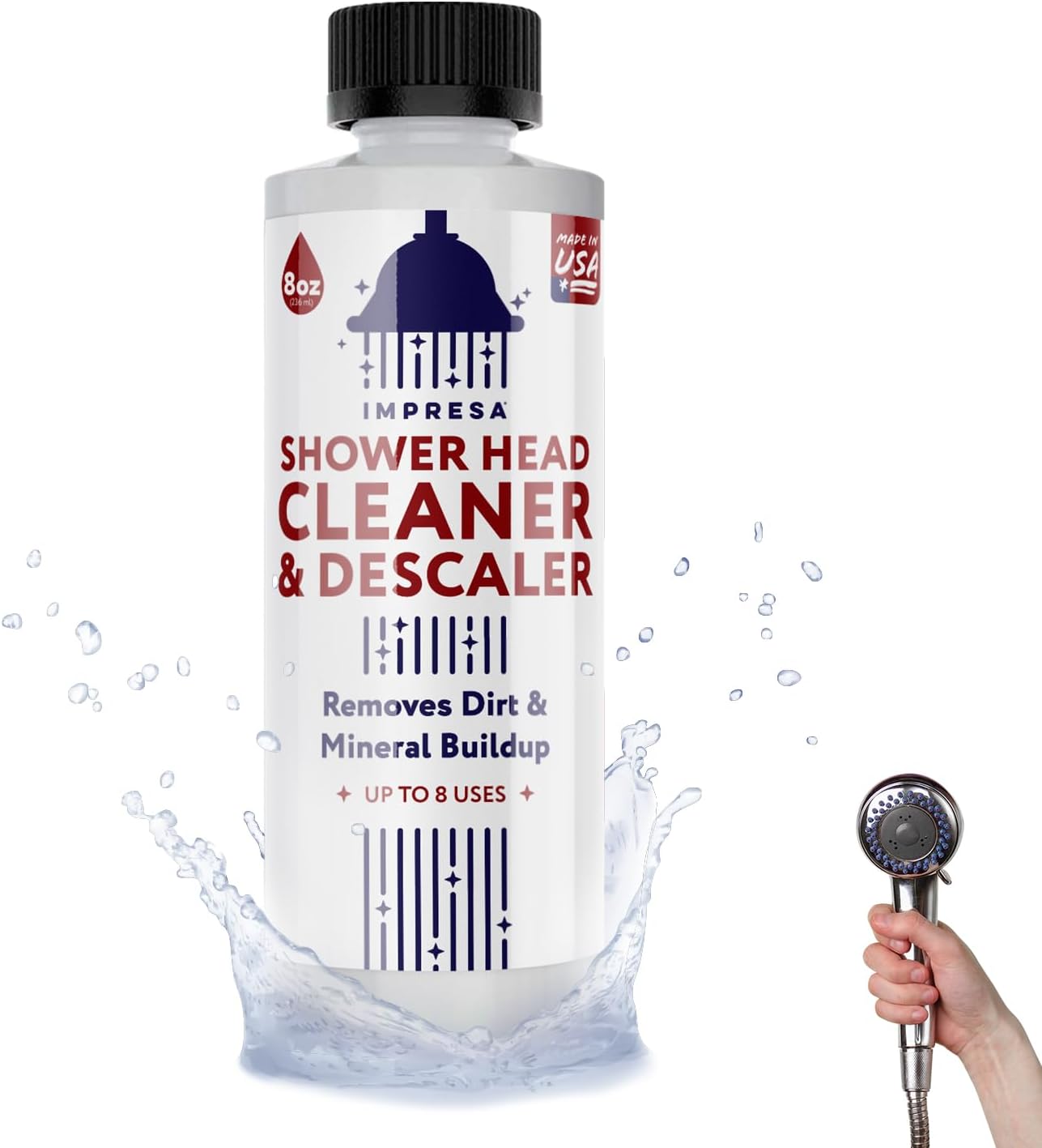 IMPRESA Shower Head Cleaner Solution for Hard Water - 8 fl oz Unscented - Lime Deposit Remover & Descaler for Shower Heads - Restores Water Flow - Made in USA