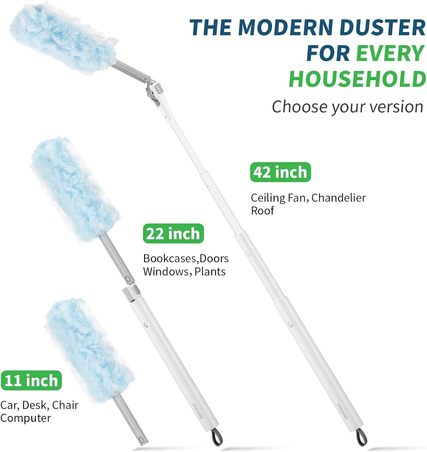 oshang 12 Pack Disposable Heavy Duty Duster Refills - 43" Extendable Handle, Compatible with Swiffer - Dusters for Cleaning Ceiling Fans, Blinds, Furniture & High Corners