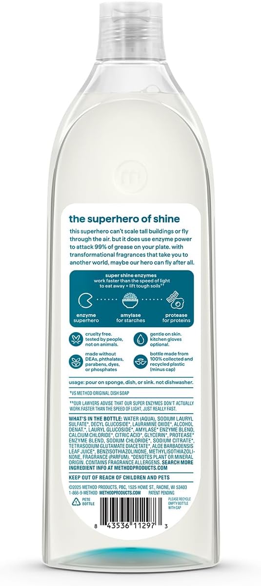 Method Super Shine Liquid Dish Soap, Powered by Enzymes, Coastal Citron Scented, 16 fl oz