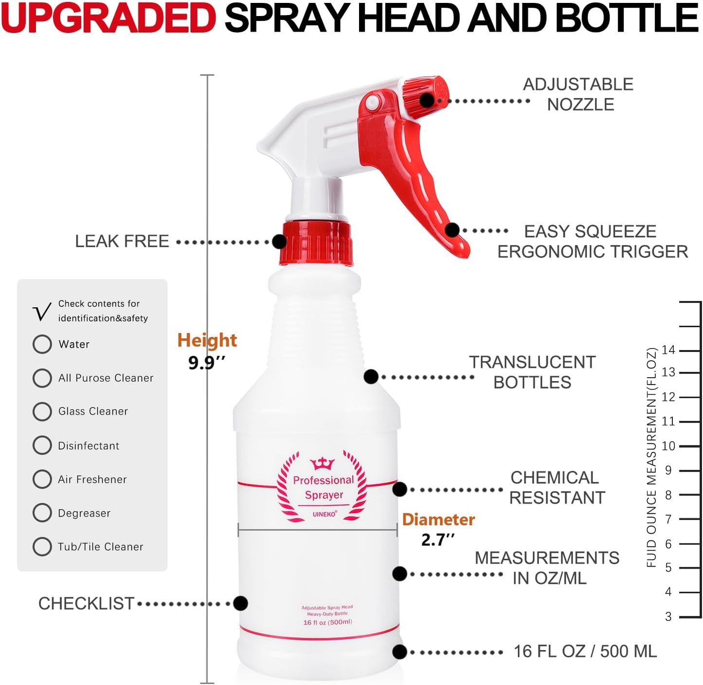 Uineko Plastic Spray Bottle (4 Pack, 24 Oz, All-Purpose) Heavy Duty Spraying Bottles Leak Proof Mist Empty Water Bottle for Cleaning Solution Planting Pet with Adjustable Nozzle and Measurements